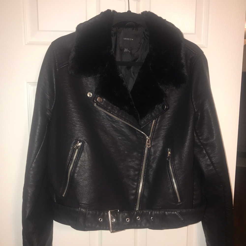 Forever 21+ Faux Leather Jacket with Fur Trim